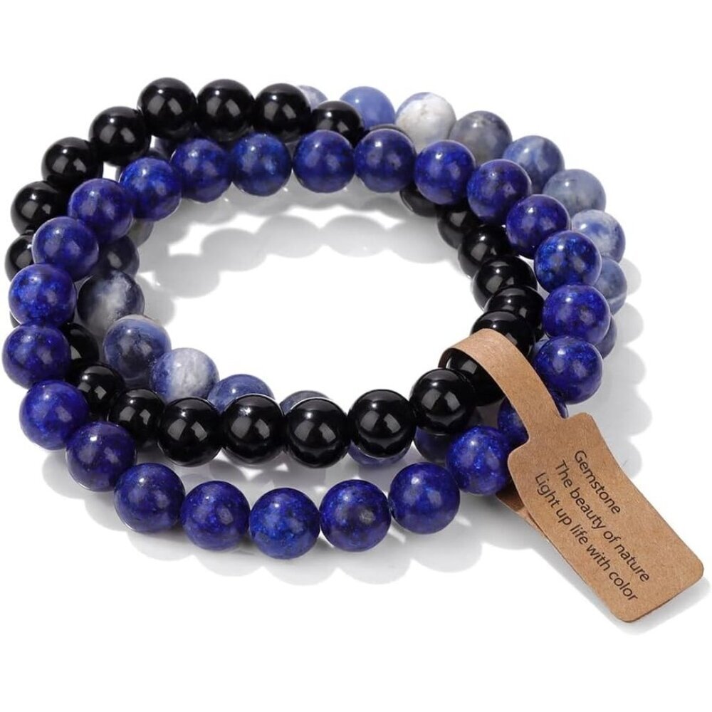 3PCS Sodalite Healing Crystal Natural Stone Beaded Stretch Bracelet for Women